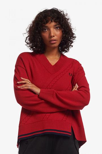 Dzianina Fred Perry Split Hem Cable Knit Jumper Damskie Czerwone | PL 1932TCEV